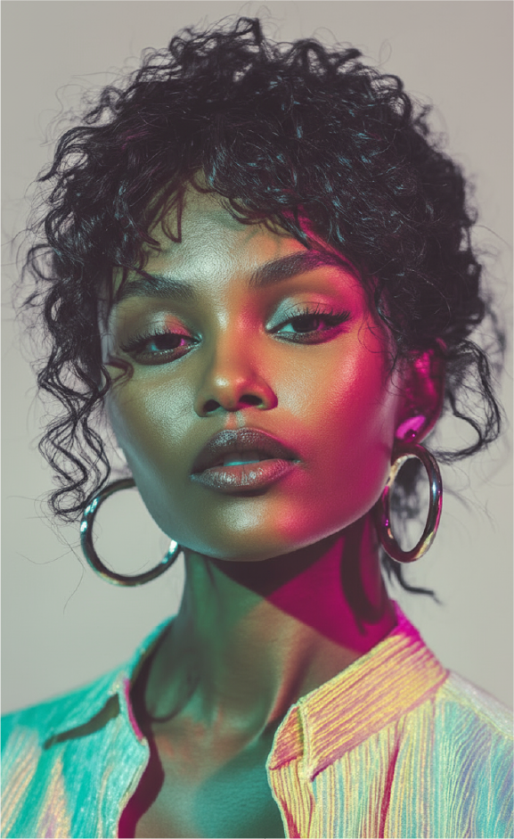 Anaïs lit in teal and magenta.